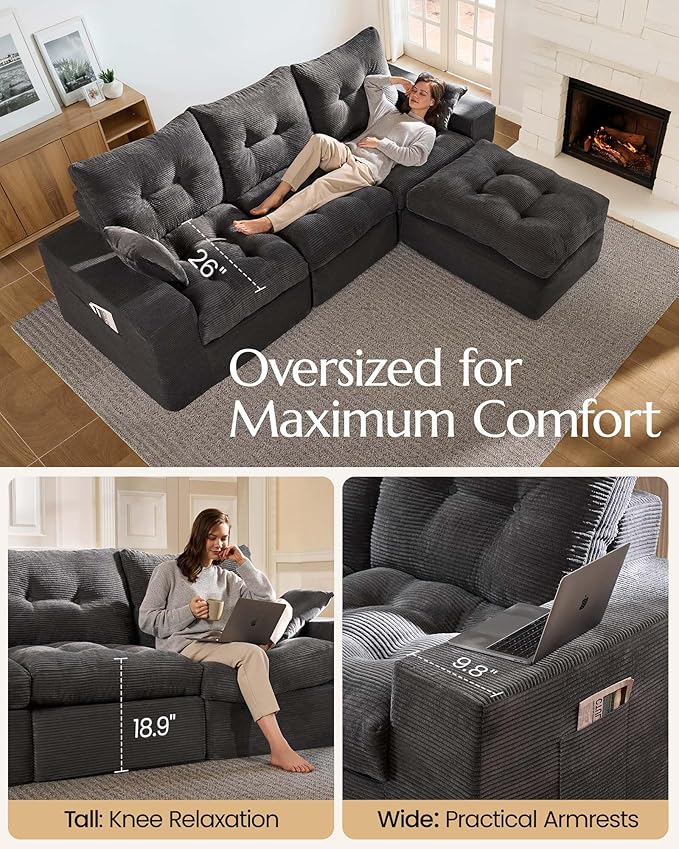 High Back Boneless Couch, Oversized Cloud Couch with Versatile 2-Pack Pillow Blankets, Corduroy Modular Sectional Sofa with Ottoman, No Assemble Sectional Couches for Living Room, Dark Grey