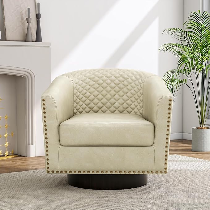 Pia Ricco Faux Leather Swivel Barrel Accent Chairs, 360° Swivel Round Single Sofa Chair, Comfy Upholstered Club Armchair with Nailhead Trim for Living Room/Reading Room/Bedroom,Beige