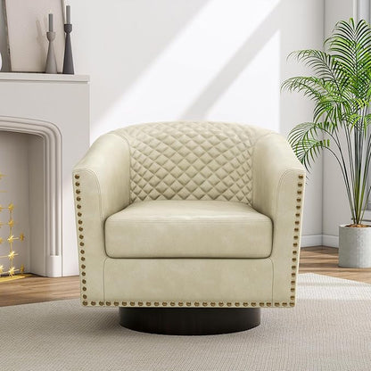 Pia Ricco Faux Leather Swivel Barrel Accent Chairs, 360° Swivel Round Single Sofa Chair, Comfy Upholstered Club Armchair with Nailhead Trim for Living Room/Reading Room/Bedroom,Beige