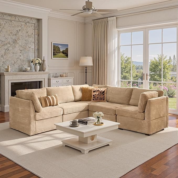 130'' Modern Modular Sectional Sofa,5 Seats Cloud Comfort Corduroy Fluffy Couch,L Shaped Convertible Sofa Couch for Living Room,Beige