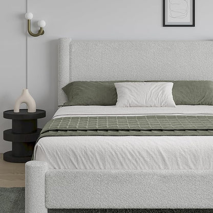 Queen Size Bed Frame, Boucle Upholstered Platform Bed with Headboard and Footboard, Soft Rounded Corners, No Box Spring Required, Easy Assembly, White