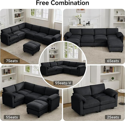 87'' V-Shaped Sectional Sofa Couch, 5-Seater Modular Couches for Living Room, Corduroy Deep Seat Cloud Sofa with Center Stitched, Black