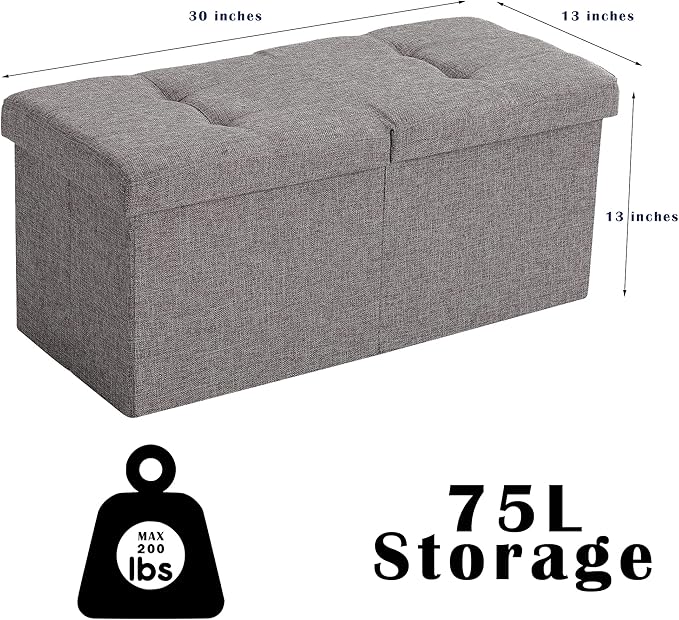 CUYOCA Storage Ottoman Bench Foldable Seat Footrest End of Bed Ottoman with Flipping Lid for Living Room, 75L, 30 inches Linen Fabric Grey