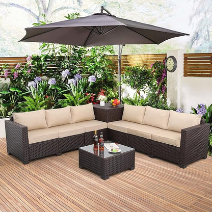 Valita 6 Pieces Patio PE Wicker Furniture Set Outdoor Brown Rattan Sectional Conversation Sofa Chair with Storage Table and Beige Cushions