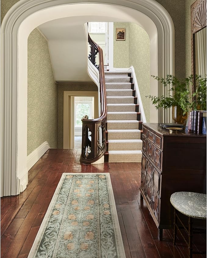 RUGGABLE x Morris & Co Washable Area Rug– Pimpernel Vintage Green 6x9, Stain-Resistant, Non-Slip – Medium Machine Washable Rugs for Living Room, Bedroom, Hallway, Entryway & Office–with Cushioned Pad