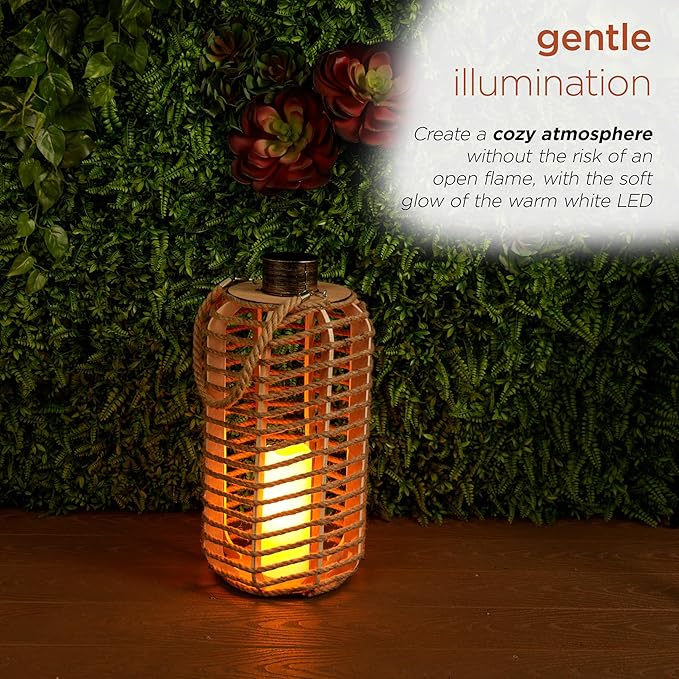Alpine Corporation SKY392TM 28" H, Hemp Rope Wooden Lantern with Flickering LED Lights, Garden Decor for Patio, Lawn, and Yard