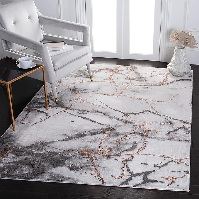 SAFAVIEH Craft Collection Area Rug - 10' Square, Grey & Orange, Modern Abstract Marble Pattern Design, Non-Shedding & Easy Care, Ideal for High Traffic Areas in Living Room, Bedroom (CFT877P)