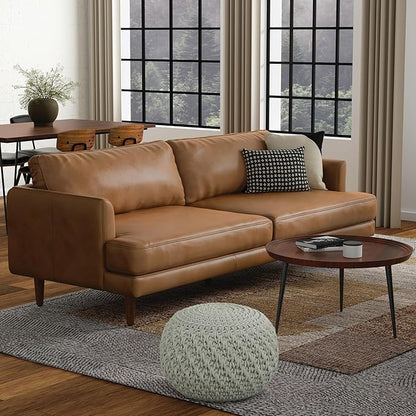 SIMPLIHOME Livingston 90-inch Wide Sofa in Caramel Brown Top Grain Genuine Leather, Handcrafted Mid-Century Modern Couch for Living Room, Large 3-Seater with Feather-Wrapped Cushions