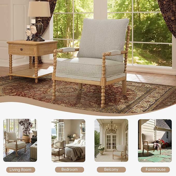 Morden Fort Linen Fabric Spindle Accent Chairs Set of 2, French Style Chairs with High Resilience Spring Cushion and Armrest Pads, Leisure Armchair for Living Room Bedroom Farmhouse Office Balcony