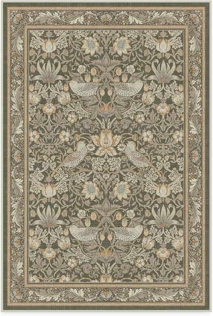 RUGGABLE x Morris & Co Washable Area Rug–Strawberry Thief Stone Gold 4x6, Stain-Resistant, Non-Slip–Medium Machine Washable Rugs for Living Room, Bedroom, Hallway, Entryway & Office–with Standard Pad