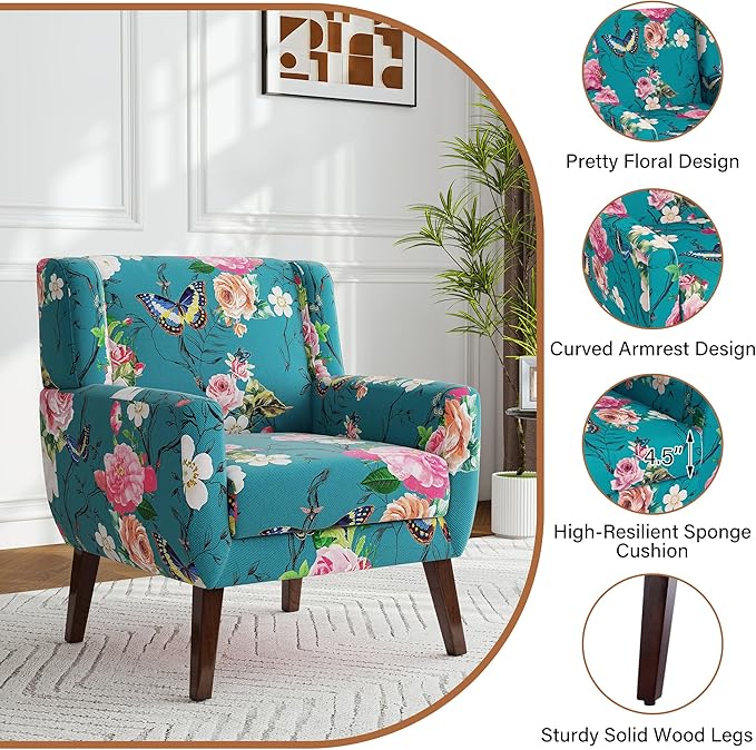 Accent Chairs Set of 2, Modern Fabric Armchairs for Living Room, Comfy Upholstered Arm Chairs Tufted for Indoor Bedroom Office Room (Pattern Blue)