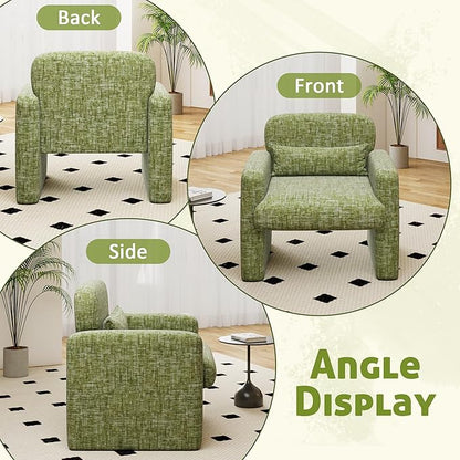 LSSPAID Modern Accent Chairs, Chenille Fabric Armchairs for Living Room, Comfy Upholstered Leisure Single Sofa Chair with Lumbar Pillow for Bedroom, Balcony, Office (Green, Set of 2)