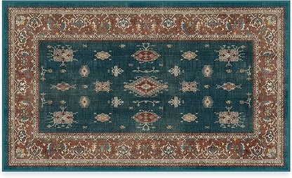 RUGGABLE Washable Vintage Area Rug – Verena Teal Blue 3x5, Stain-Resistant, Non-Slip – Small Machine Washable Rugs for Living Room, Bedroom, Hallway, Entryway & Office–with Cushioned Pad