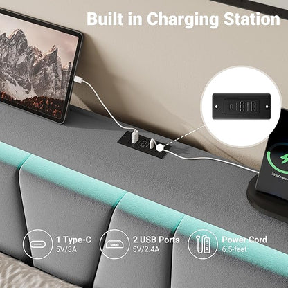 Allewie Full Size LED Bed Frame with Charging Station, Velvet Upholstered Platform Bed with Geometric Wingback Headboard, Modern Frame with No Box Spring Needed, Easy Assembly, Grey