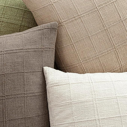 Foindtower Set of 2 Decorative Linen Check Throw Pillow Covers Neutral Farmhouse Vintage Cushion Covers Modern Coastal Boho Home Decor for Sofa Chair Couch Bedroom Living Room,18×18 Inch,Camel