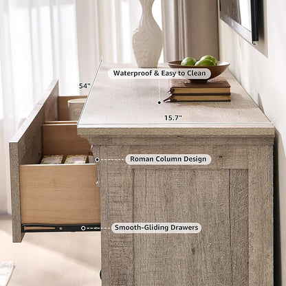 Farmhouse 6 Drawers Dresser for Bedroom, 54" Wide Large Dressers & Chests of Drawers w/Roman Column, Wooden Dresser TV Stand with Large Drawers for Nursery Bedroom Living Room Hallway,Light Rustic Oak