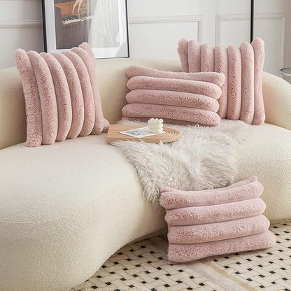 Neelvin Pink Faux Fur Cozy Soft Striped Decorative Throw Pillow Covers 24x24 inch Set of 2,Velvet Pillowcase Cushion Case for Sofa Couch