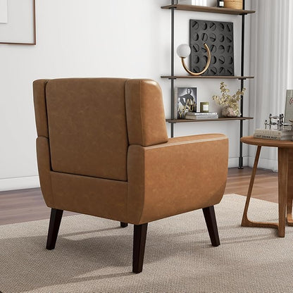 Accent Chair, Mid-Century Modern PU Leather Chairs with Arms for Living Room, Comfy Upholstered Club Single Sofa Armchair for Bedroom Waiting Room with Solid Wood Frame（Leather Brown, Set of 2)