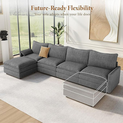 Vesgantti 142" Cloud Couch Sectional Modular Sofa, Comfy Sectional Couch with Ottoman Deep Seat Chenille L Shaped Sofa, Modular Couches for Living Room, Bedroom and Apartment, Gray