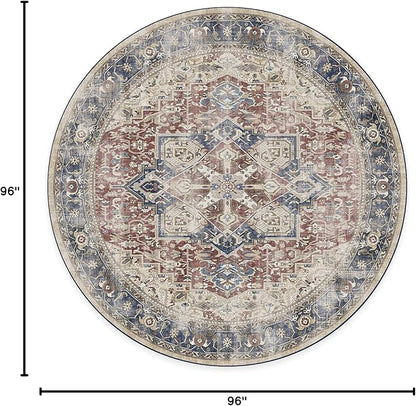 RUGGABLE Washable Vintage Area Rug – Kamran Royal Blue 8 ft Round, Stain-Resistant, Non-Slip – Large Machine Washable Rugs for Living Room, Bedroom, Hallway, Entryway & Office–with Cushioned Pad