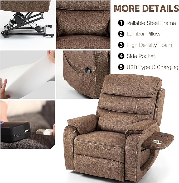Power Lift Recliners Chairs for Elderly Adults Lay Flat Recliner with Heat & Massage, Wireless Charging Device, USB Ports, Cup Holder, Lumbar Pillow, 400Lbs (Grainy Fibric,Caramel Brown)