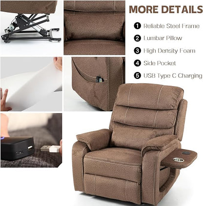 Power Lift Recliners Chairs for Elderly Adults Lay Flat Recliner with Heat & Massage, Wireless Charging Device, USB Ports, Cup Holder, Lumbar Pillow, 400Lbs (Grainy Fibric,Caramel Brown)