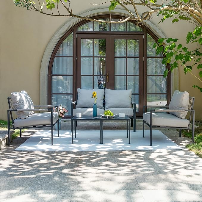 Sundale Outdoor 2 Pieces Metal Outdoor Furniture Set, Patio Loveseat with 6 Inch Cushions and Coffee Table, All- Weather Patio Sofa for Garden, Backyard, Porch or Balcony, Light Grey