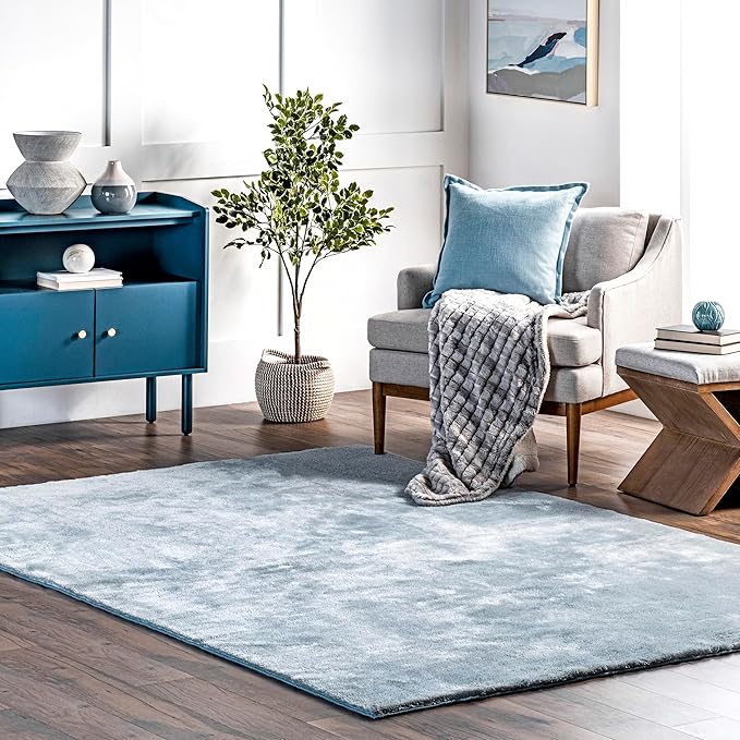 nuLOOM 8' x 10' Cozy Plush SuperiorWash Area Rug, Machine Washable, Non-Slip, Soft Fluffy Shag Carpet for Living Room Bedroom Kids Room Nursery Home Decor, Loni Light Blue