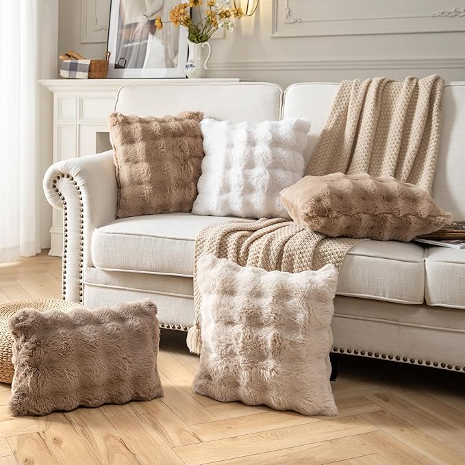 Pack of 2 Thick Plush Throw Pillow Covers Fluffy Wave Faux Fur Decorative Cushion Covers Soft Wool Pillowcase for Sofa Couch Livingroom 16x16 Inch Taupe