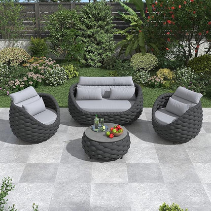 4-Piece Woven Rope Outdoor Seating Set: Alumunim Frame, No Assembly, All-Weather Accent Patio Furniture - Modern Garden Lounge Conversation Set for Backyard Deck Porch Poolside Hotel
