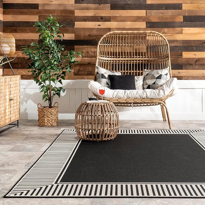 nuLOOM 5' x 8' Outdoor Area Rug, Casual Design With Striped Border, Stain Resistant, Highly Durable, For Patio, Balcony, Bedroom, Living Room, Dining Room, Bathroom, Black