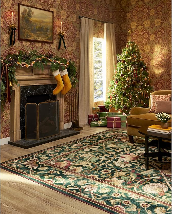 RUGGABLE x Morris & Co Machine Washable Area Rug – Lodden Soft Evergreen & Gold 10x14, Stain-Resistant, Non-Slip – Large Rugs for Living Room, Bedroom, Hallway, Entryway & Office–with Standard Pad