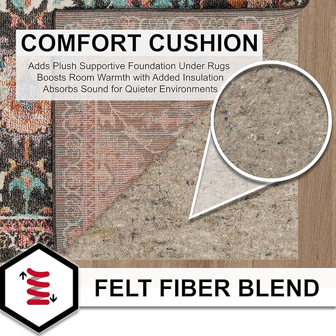 Mohawk Home 3' x 5' Non Slip Grip Rug Pad 1/2" Thick Dual Surface Felt Cushion + Rubber Gripper - Safe for All Floors