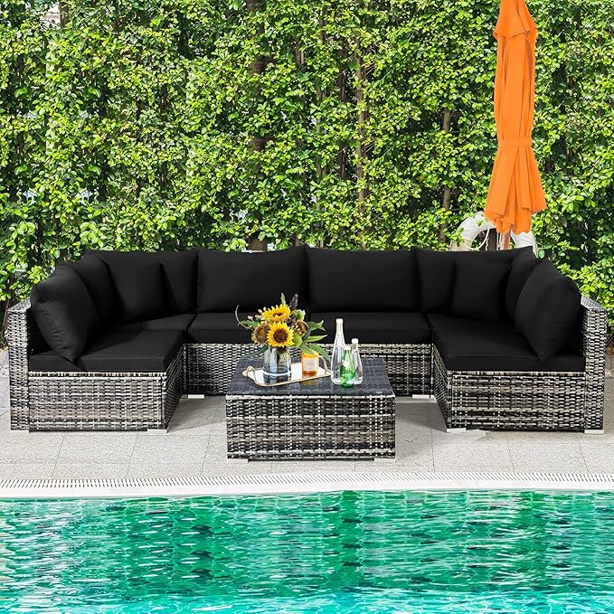 Tangkula 7 Pieces Patio Rattan Furniture Set, Patiojoy Outdoor Conversation Set with Cushions and Tempered Glass Coffee Table, All-Weather Sectional Sofa Set for Garden, Lawn, Backyard (Black)