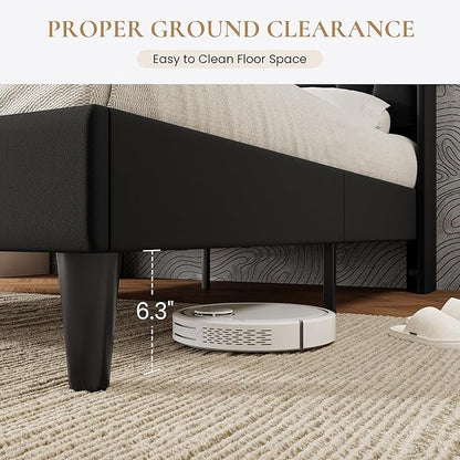 SHA CERLIN Queen Bed Frame with Charging Station and LED Lights, Modern Velvet Platform Bed with Upholstered Geometric Wingback Headboard, No Box Spring Needed, Easy Assembly, Black