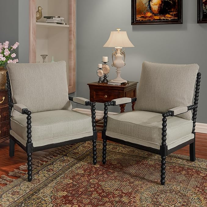 Morden Fort Linen Fabric Spindle Accent Chairs Set of 2, French Style Chairs with High Resilience Spring Cushion and Armrest Pads, Leisure Armchair for Living Room Bedroom Farmhouse Office Balcony