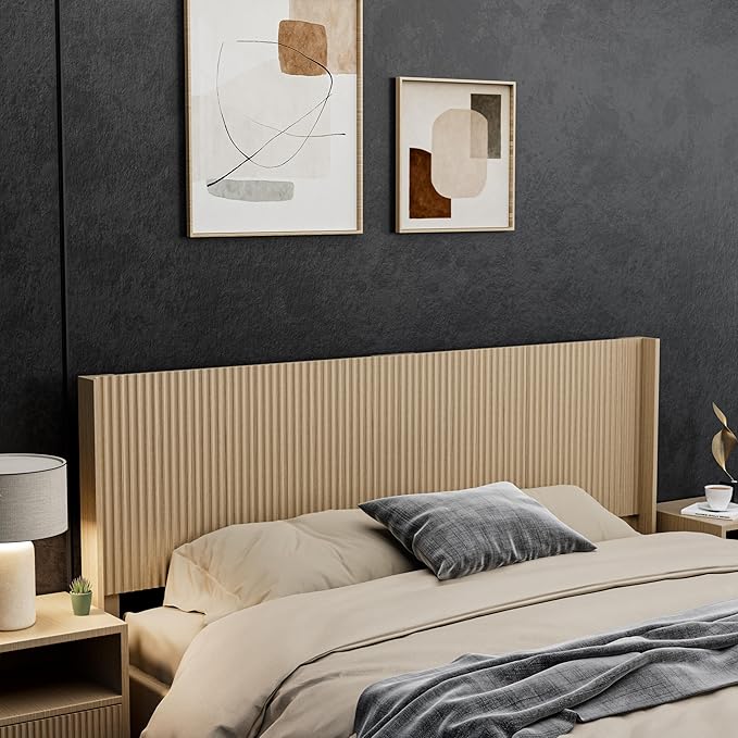 KEIKI Wooden King Size Headboard Only, 80.2" Wide Farmhouse Headboards with Wall Mounted Fluted Panel & Wingback for Bedroom, Oak