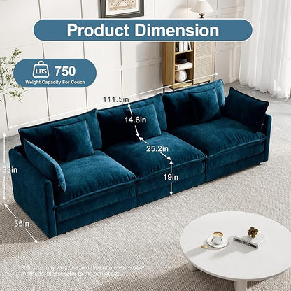 Modular Sectional Sofa, 111.5 Inch I-Shaped Cloud Sofa with Deep Seat Chenille Sofa with Cushions, Three-Self Sectional Sofa for Living Room Apartment,Blue