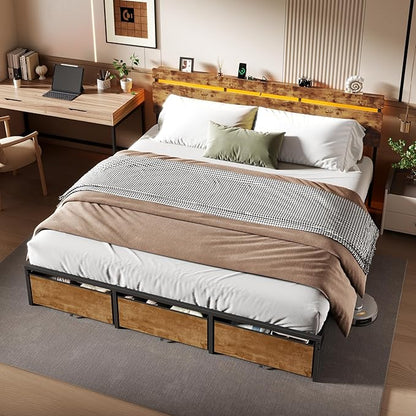 Forestell King Size Bed Frame with Wood Headboard, Metal Platform Bed with 3 Storage Drawers & Shelf, Built-in Charging Station & LED Lights, No Box Spring Needed, Vintage Brown, Camas King