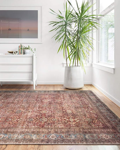 Loloi Layla Collection LAY-01 Brick/Blue 2'-6" x 9'-6" .13" Thick Runner Rug, Soft, Durable, Vintage Inspired, Distressed, Low Pile, Non-Shedding, Easy Clean, Printed, Living Room Rug