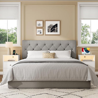Upholstered Full Size Headboard Only for Bed Frame from 42”-55”, Adjustable Height Full Headboards with Durable Wood Leg, Fabric Bed Board in Modern Button Design, Light Grey