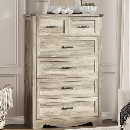 Dresser for Bedroom with 6 Drawers, 49" Tall Wood Chest of Drawers with Deep Drawers & Mental Handle, Modern Dresser TV Stand, Wooden Closet Storage Organizer for Living Room, Hallway, Entryway, Grey