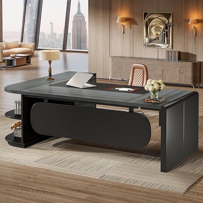 Tribesigns 81-Inch L-Shaped Executive Desk, Large Modern Office Desk with Drawers and File Cabinet for Home or Business Workspace, Grey & Black Computer Desk with Storage Shelves