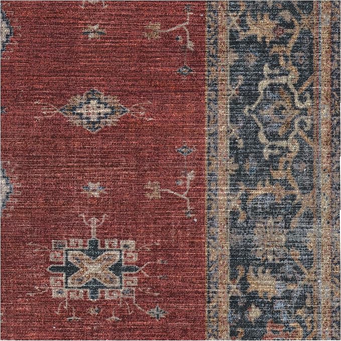 RUGGABLE Washable Vintage Area Rug – Verena Amber Red 8x10, Stain-Resistant, Non-Slip – Large Machine Washable Rugs for Living Room, Bedroom, Hallway, Entryway & Office–with Standard Pad
