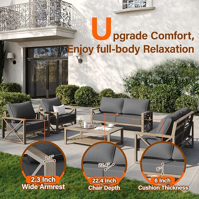 UDPATIO 5 Piece Faux Wood Aluminum Patio Furniture Set 6 Seats Modern Outdoor Furniture Patio Conversation Sets with Coffee Table for Balcony, Backyard, 600D Waterproof Cover Included, Dark Grey