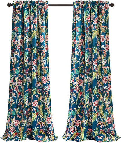 Lush Decor Dolores Light Filtering Window Panels, Pair, 52" W x 108" L, Navy & Multi - Floral Curtains for Bedroom - Vintage Curtains - Coquette Room Decor