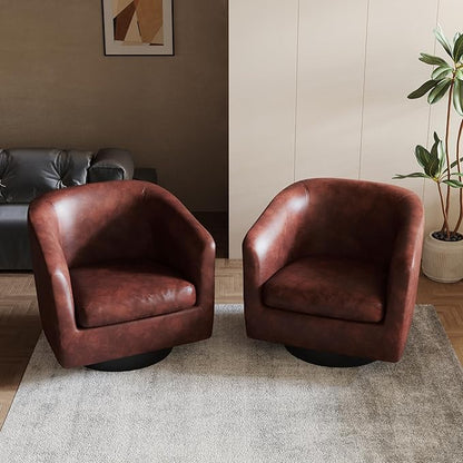 Lumibee Swivel Accent Chairs Set of 2, Faux Leather Swivel Barrel Chairs for Living Room, Modern Comfy Upholstered Round Armchairs Single Sofa Chairs for Bedroom, Club-Red Brown