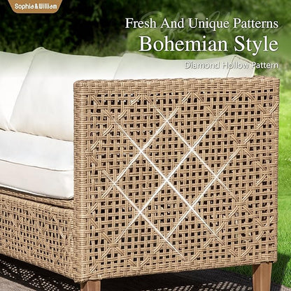 Sophia and William Boho Wicker Patio Furniture Set, Outdoor Rattan Sectional Sets Conversation Set - Weather-Resistant, with Dual Storage Coffee Table Acacia Wood Legs for Garden, Patio & Deck(Beige)
