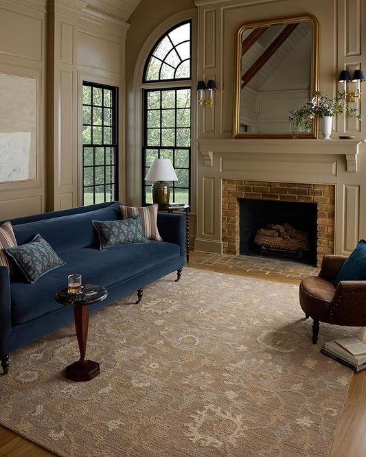 Loloi Chris Loves Julia Dorothea Collection DRT-01 Bark/Stone 2'-6" x 9'-9" Runner Rug Wool Neutral Floral Living Room Bedroom Carpet