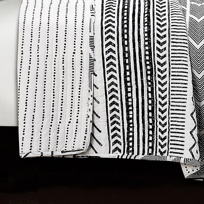 Lush Decor Hygge Geo Pattern Striped 3 Piece Quilt Bedding Set, King, Black & White